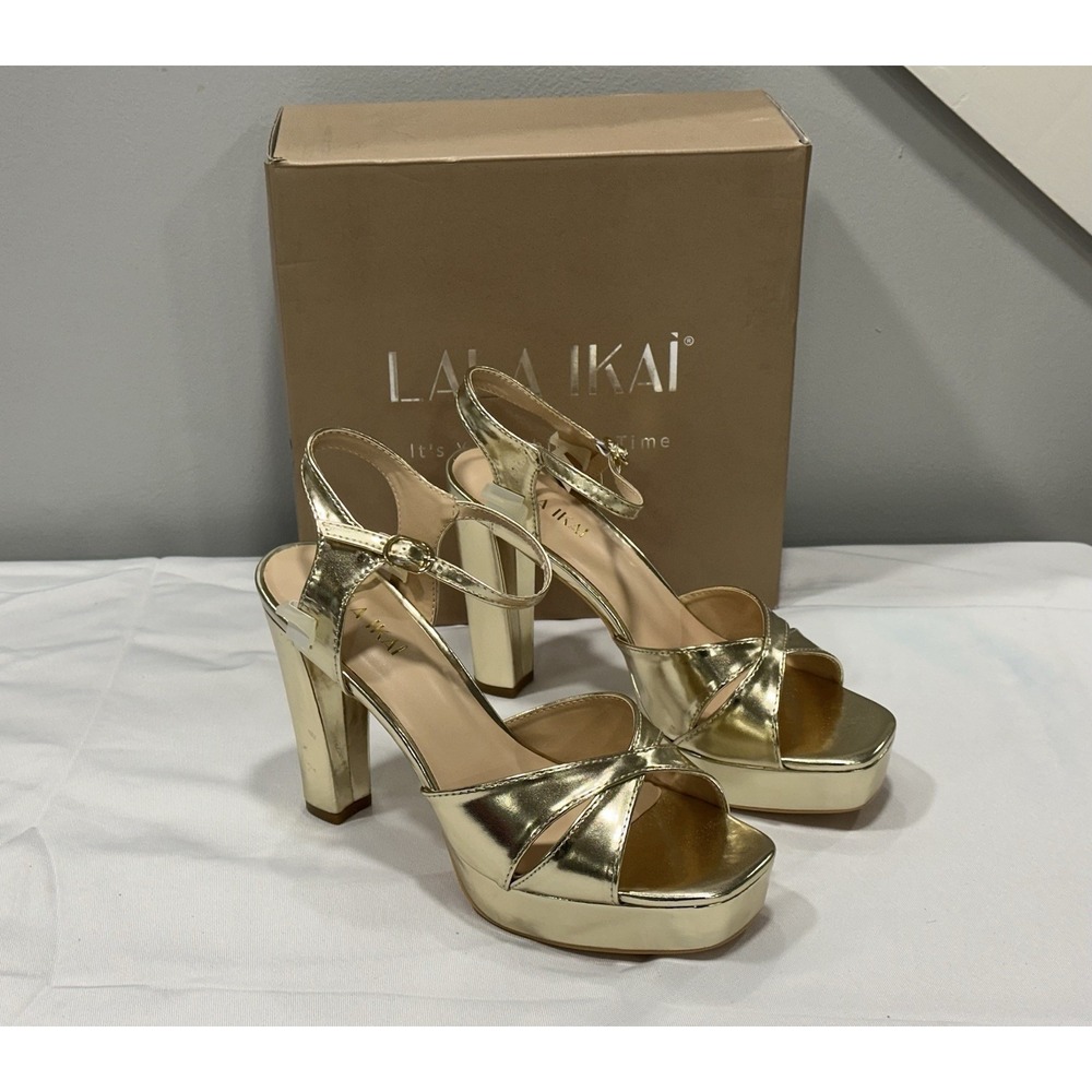 Lala Ikai Woman Metallic Gold Open Toe Platform Chunky Heels NEW Size 37.5 (7.5) - Picture 4 of 9